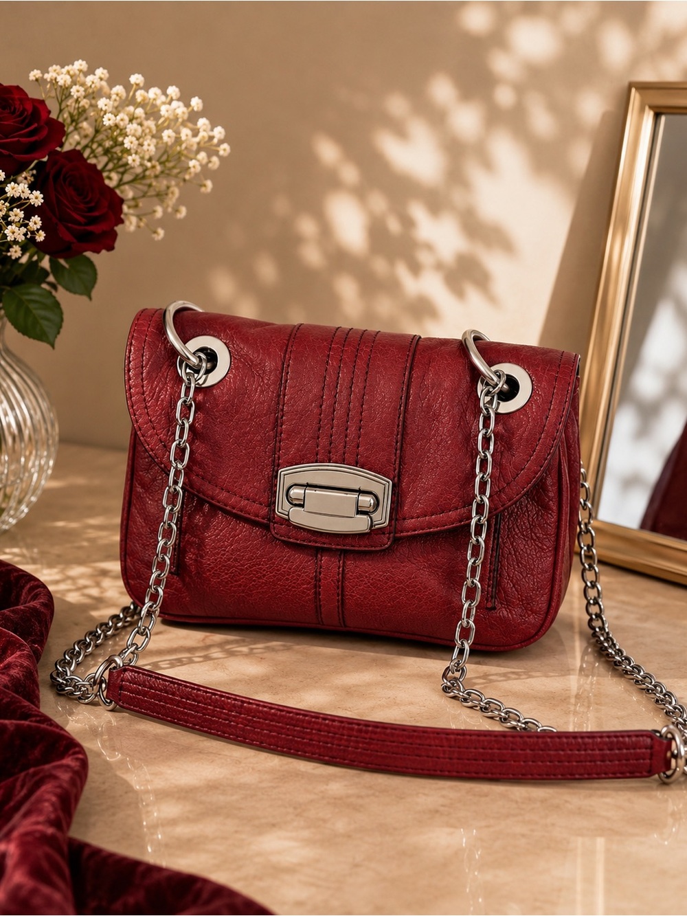 B. Makowsky Burgundy Leather Crossbody Bag Silver Chain Shoulder Purse